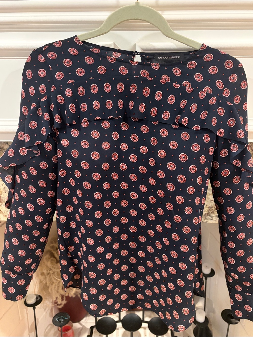 Banana Republic Navy Blouse with Pink Medallion Print and Ruffle